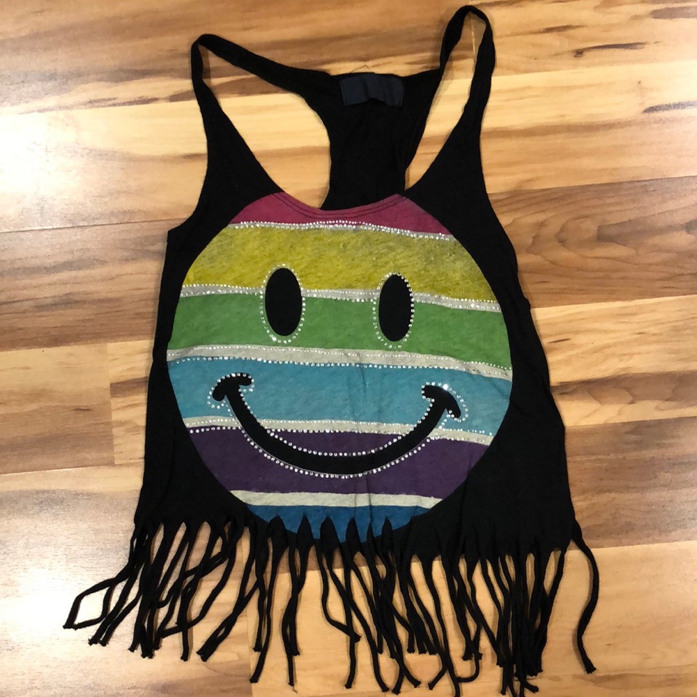 Rainbow smiley face fringe tank top